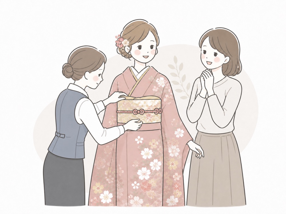 お母様とスタッフと一緒に振袖を試着する様子